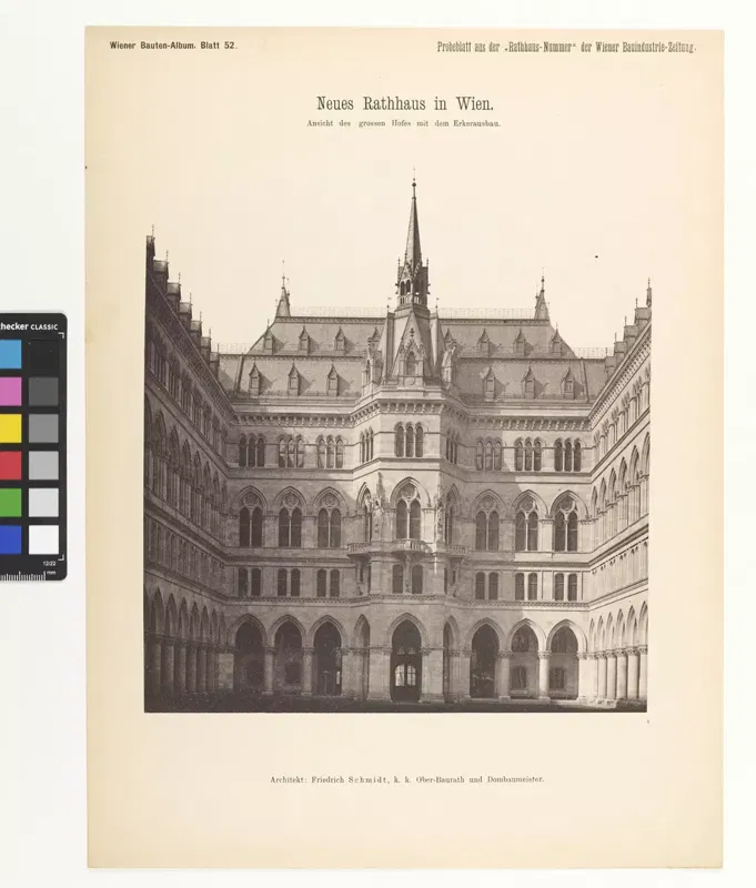 Druckgrafik aus dem Wiener Bauten-Album: Ansicht des großen Hofes des Neuen Rathauses mit dem Erkerausbau, 1883/84