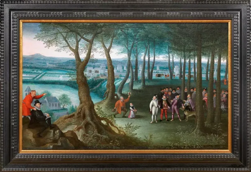 Gemälde: Spaziergang einer höfischen Gesellschaft im Wald vor dem Schloss Neugebäude, um 1590