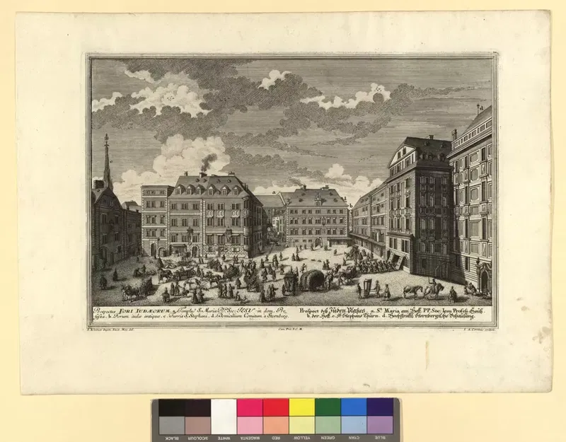 Kupferstich von 1725: Prospekt des Judenplatzes in Wien mit Häuserzeilen, Kutschen und Passanten