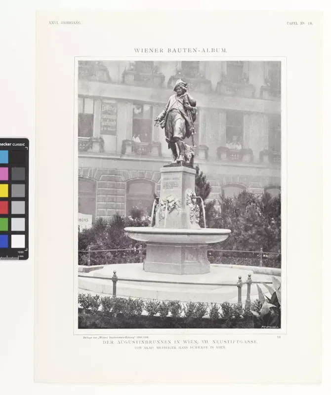 Fotografie des Augustinbrunnens in der Neustiftgasse in Wien mit der ursprünglichen Figur von Hans Scherpe, 1908/1909