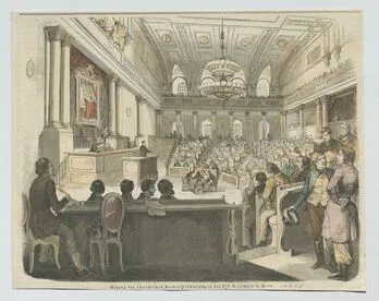 Holzstich von 1848: Sitzung der österreichischen Reichsversammlung in der Reitschule in Wien