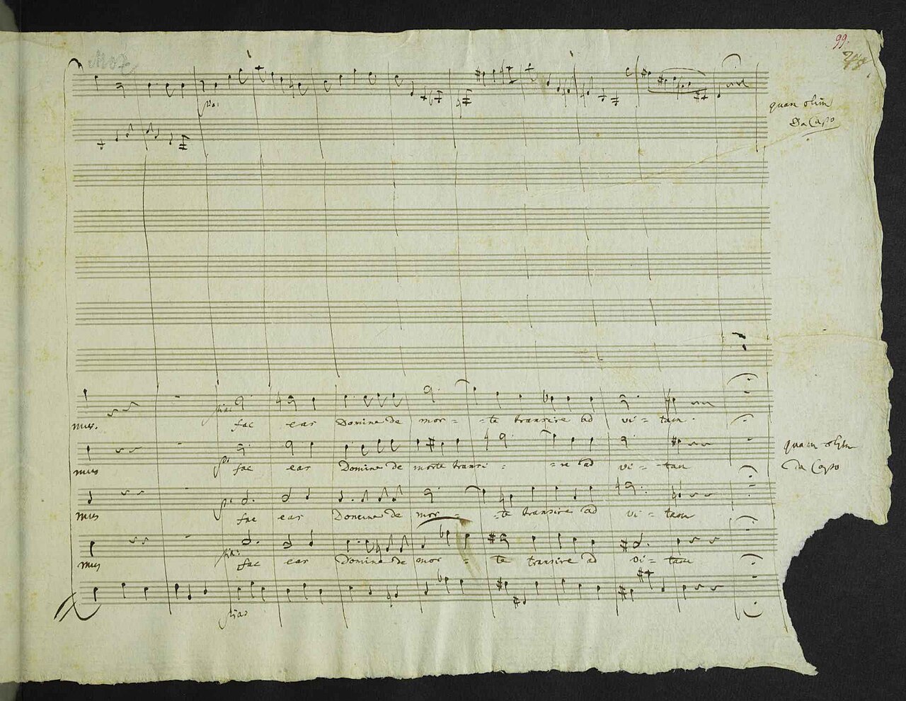Seite aus Mozarts Requiem-Partitur, rechts unten fehlt die abgerissene Ecke