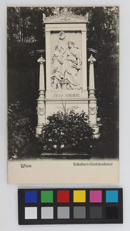 Ansichtskarte mit dem Ehrengrab von Franz Schubert auf dem Wiener Zentralfriedhof, 1900 bis 1905