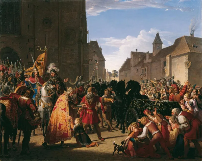 Anton Petter, Wenzel bittet Rudolf von Habsburg um die Leiche seines Vaters Premysl Ottokar, Gemälde von 1826.