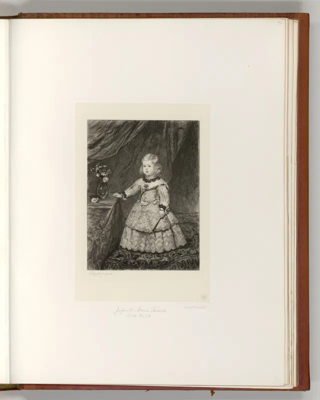 Radierung von William Unger nach Velázquez: Infantin Margarita Teresa in rosafarbenem Kleid.