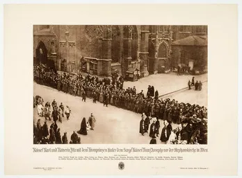 Kaiser Karl, Kaiserin Zita und Kronprinz Otto hinter dem Sarg Kaiser Franz Josephs, 1916