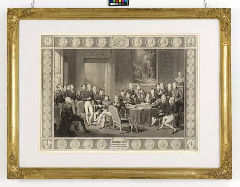 Der Wiener Kongreß: Gruppenbild der Bevollmächtigten, Kupferstich von Jean Godefroy nach Jean-Baptiste Isabey, 1819, Wien Museum.