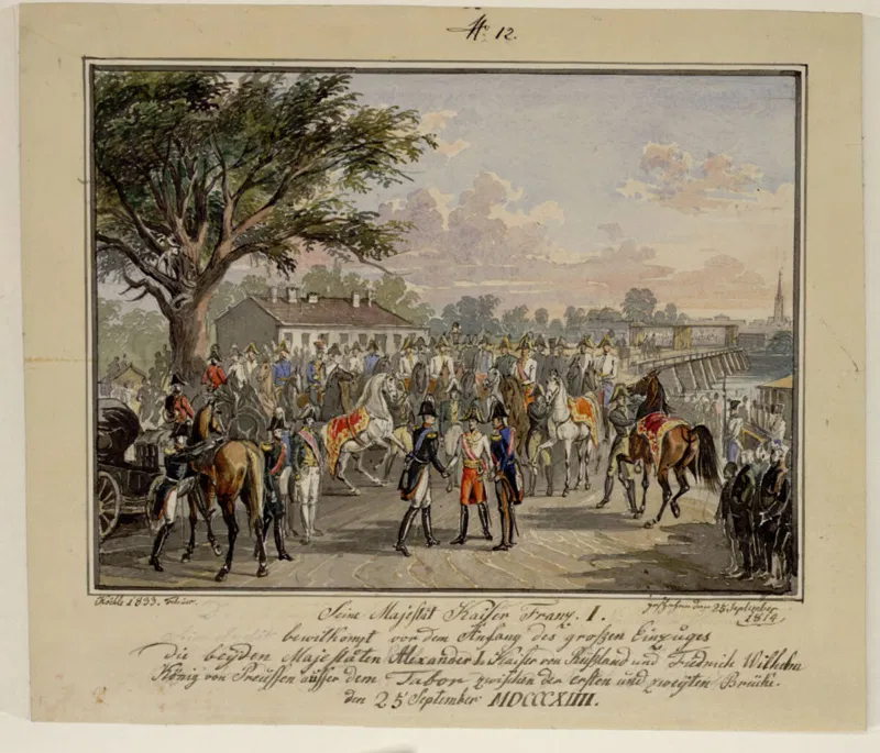 Johann Nepomuk Höchle, Kaiser Franz I. begrüßt den Zaren Alexander I. und König Friedrich Wilhelm III. von Preußen bei ihrer Ankunft zum Wiener Kongress, Zeichnung, 1833.