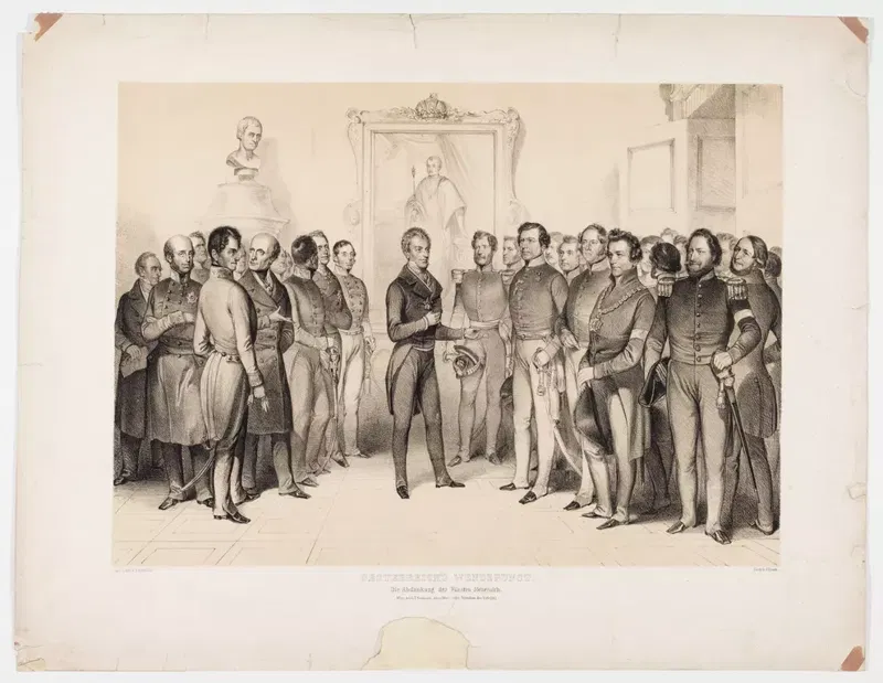 Lithografie von 1848: Oesterreichs Wendepunkt, die Abdankung des Fürsten Metternich am 13. März 1848.