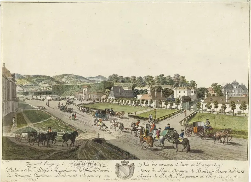 Kupferstich: Zugang und Eingang zum Augarten in Wien, um 1794.