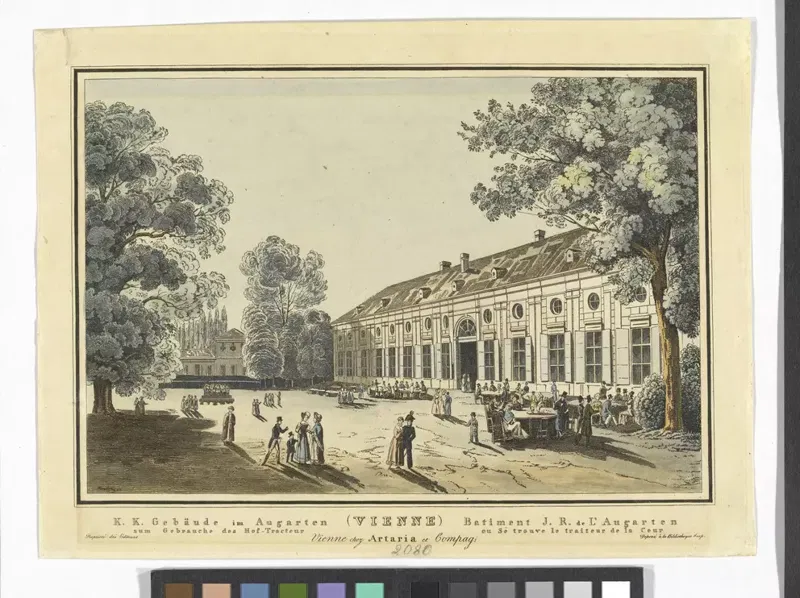 Ansicht: K.K. Gebäude im Augarten, um 1830.