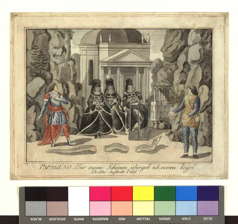 Szenenbild aus der Zauberflöte: Papageno übergibt seine Vögel, Kupferstich um 1793/94.