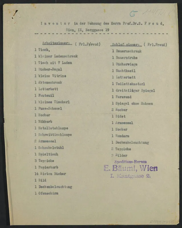Inventarliste der Wohnung Sigmund Freuds in der Berggasse 19, angelegt 1938 von einer Spedition für den Transport nach London.