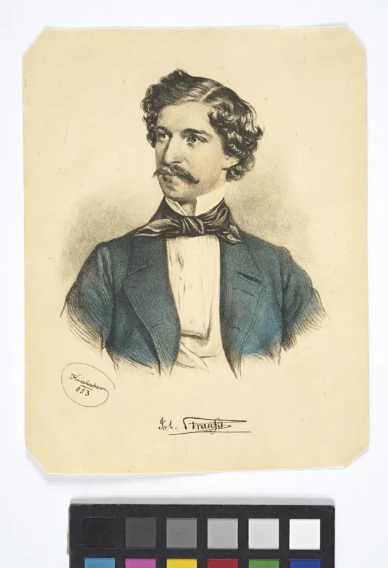 Josef Kriehuber, Bildnis Johann Strauss (Sohn), Lithografie von 1853.