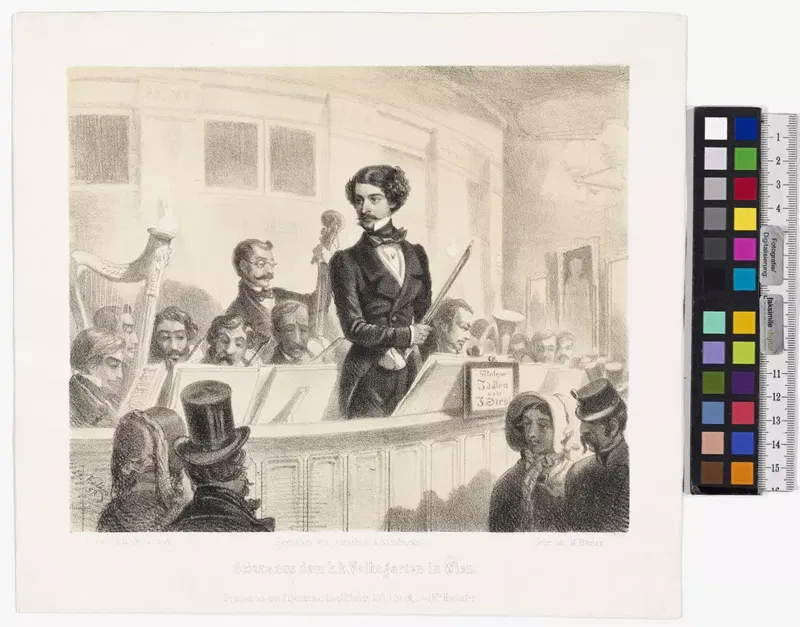 „Scizze aus dem k.k. Volksgarten Wien“: Johann Strauss (Sohn) dirigiert im Volksgarten, 1853.