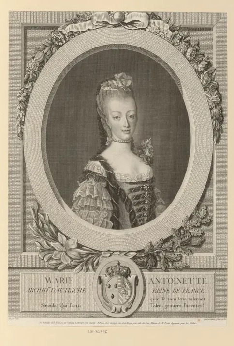 Kupferstich von Louis Jacques Cathelin: Porträt Marie Antoinettes als Königin von Frankreich im Oval, um 1775.