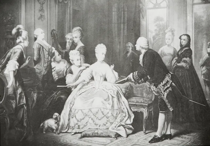 Zeichnung von Edouard Hamman: Gluck überreicht Marie Antoinette eine Opernpartitur, um 1850.