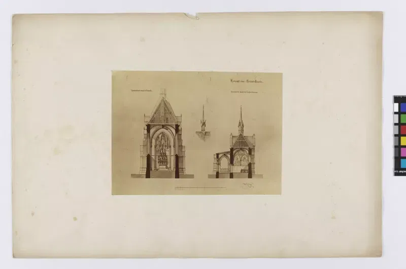 Entwurf einer Friedhofskapelle mit Querschnitt durch die Leichenkammer, Alexander Wielemans von Monteforte, 1868.