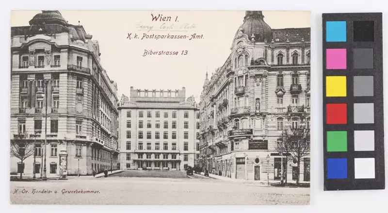 Ansichtskarte von 1907: Blick vom Ring auf das k. k. Postsparkassenamt in Wien.