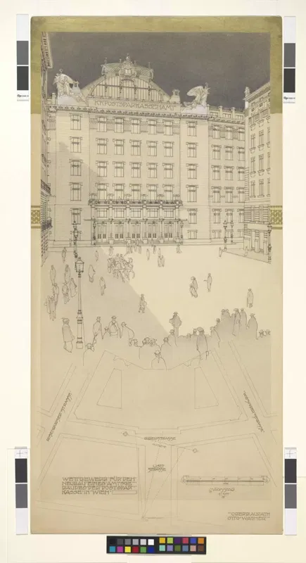 Otto Wagner, Postsparkasse, Wettbewerbsprojekt, Situation und Perspektive, 1903.