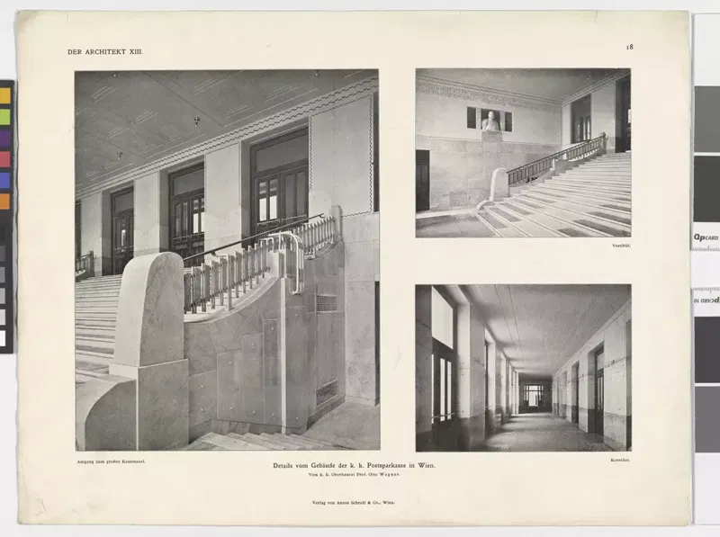 Otto Wagner, Postsparkasse, Innenansichten, Tafel aus der Zeitschrift Der Architekt, 1907.