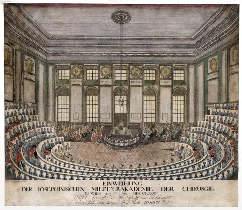 Johann Hieronymus Löschenkohl, Die Einweihung der josephinischen Militärakademie für Chirurgen in Wien am 7. November 1785, Kupferstich von 1786.
