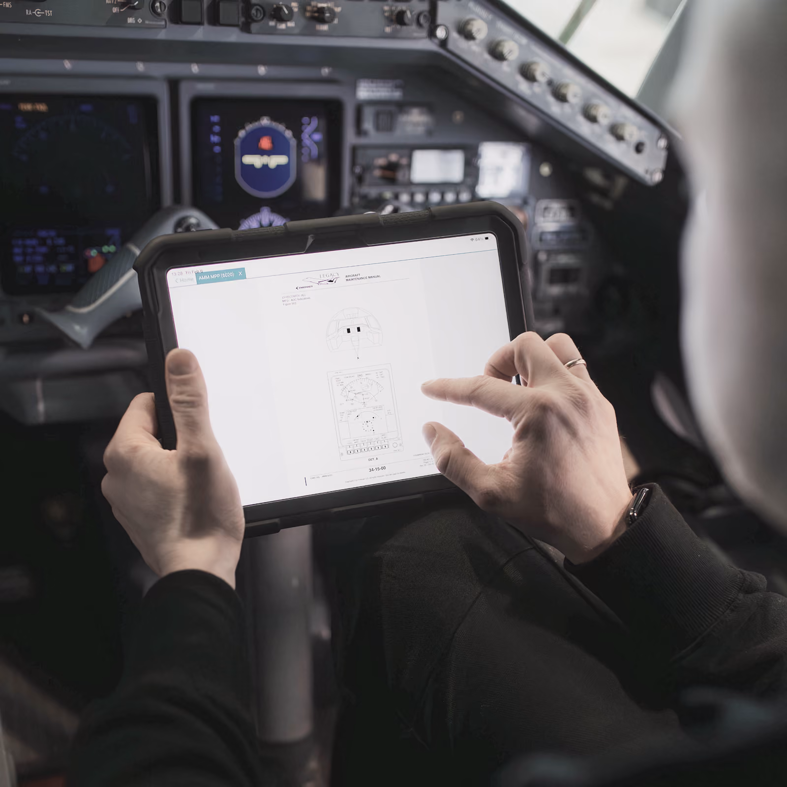 Photo of enginner making aircraft test in business jet cabin, communicating company safety mindset.