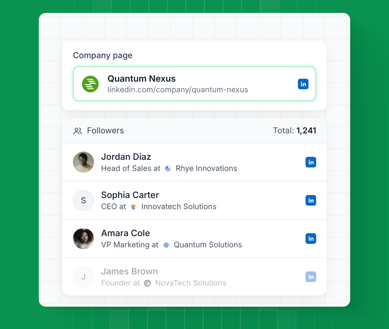 Followers of a LinkedIn company page in Leadsforge with job title and company