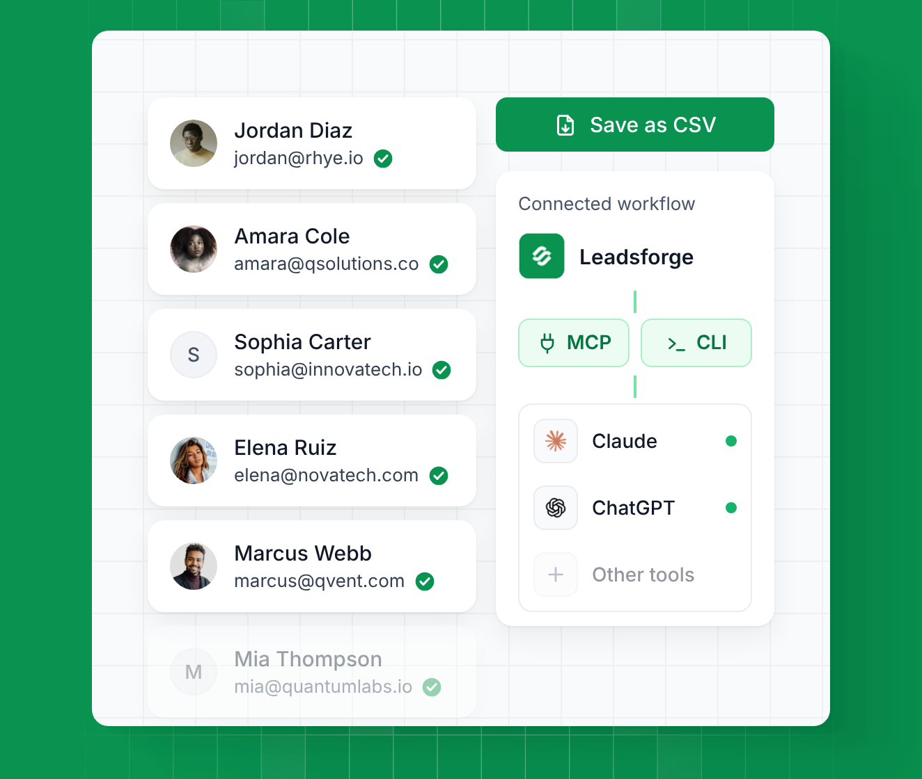 Enriched followers with verified emails, saved as CSV and connected to Claude and ChatGPT through MCP and CLI