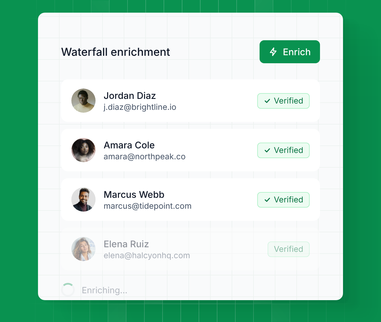 Leadsforge waterfall enrichment returning verified work emails for a list of contacts