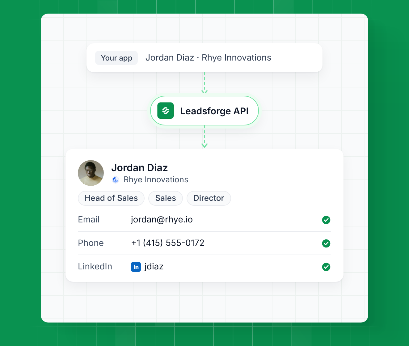 Leadsforge API returning a verified email, phone and LinkedIn profile for one contact