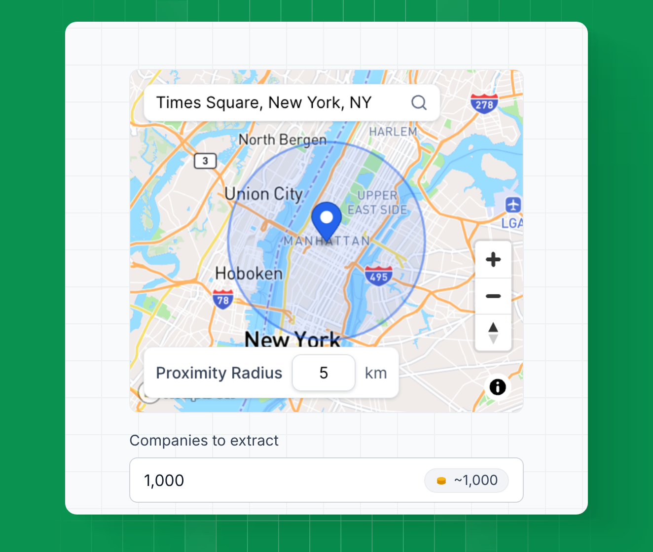 Local business search map in Leadsforge with a proximity radius around a location