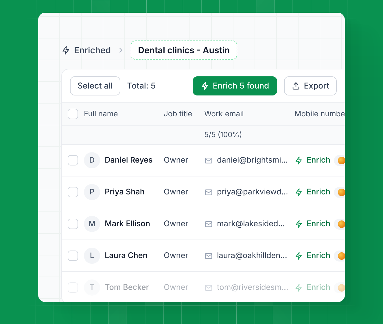 Enriched list in Leadsforge showing local business owners with work emails found
