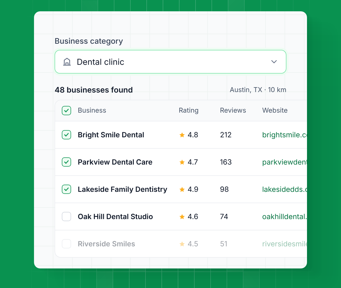 Business category dropdown in Leadsforge with matching local businesses, ratings and reviews