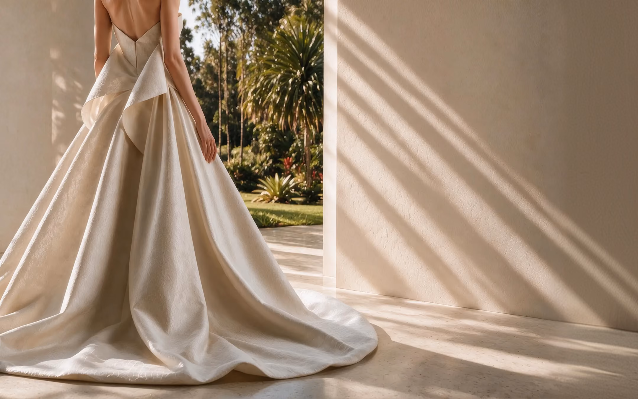 Back view of a woman in an elegant cream gown with full skirt standing near a sunlit wall.