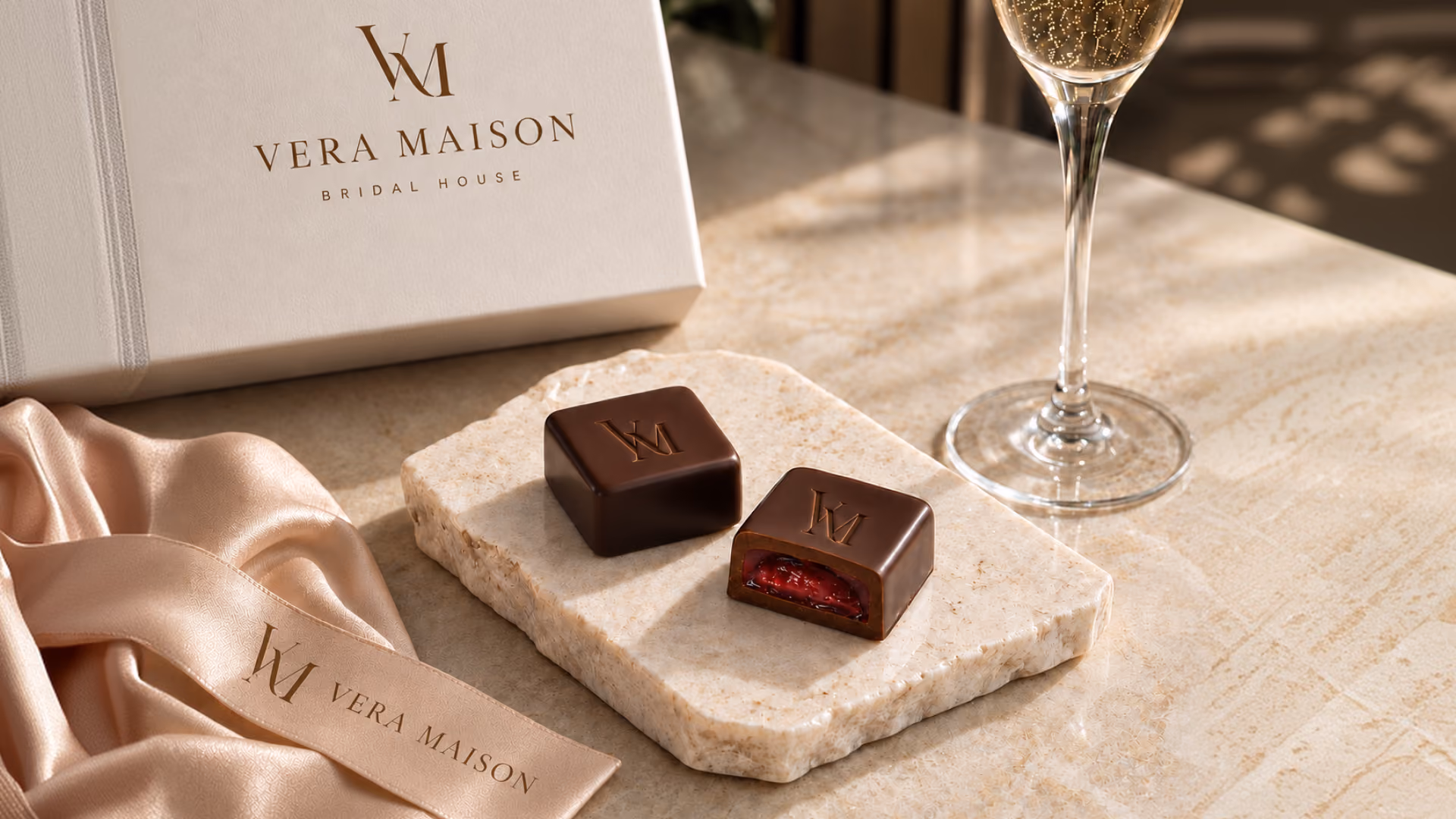 Two square chocolates with a gold WM logo on top displayed on a beige stone slab, one chocolate is cut open revealing a red filling, next to a glass of champagne and a Vera Maison Bridal House box.