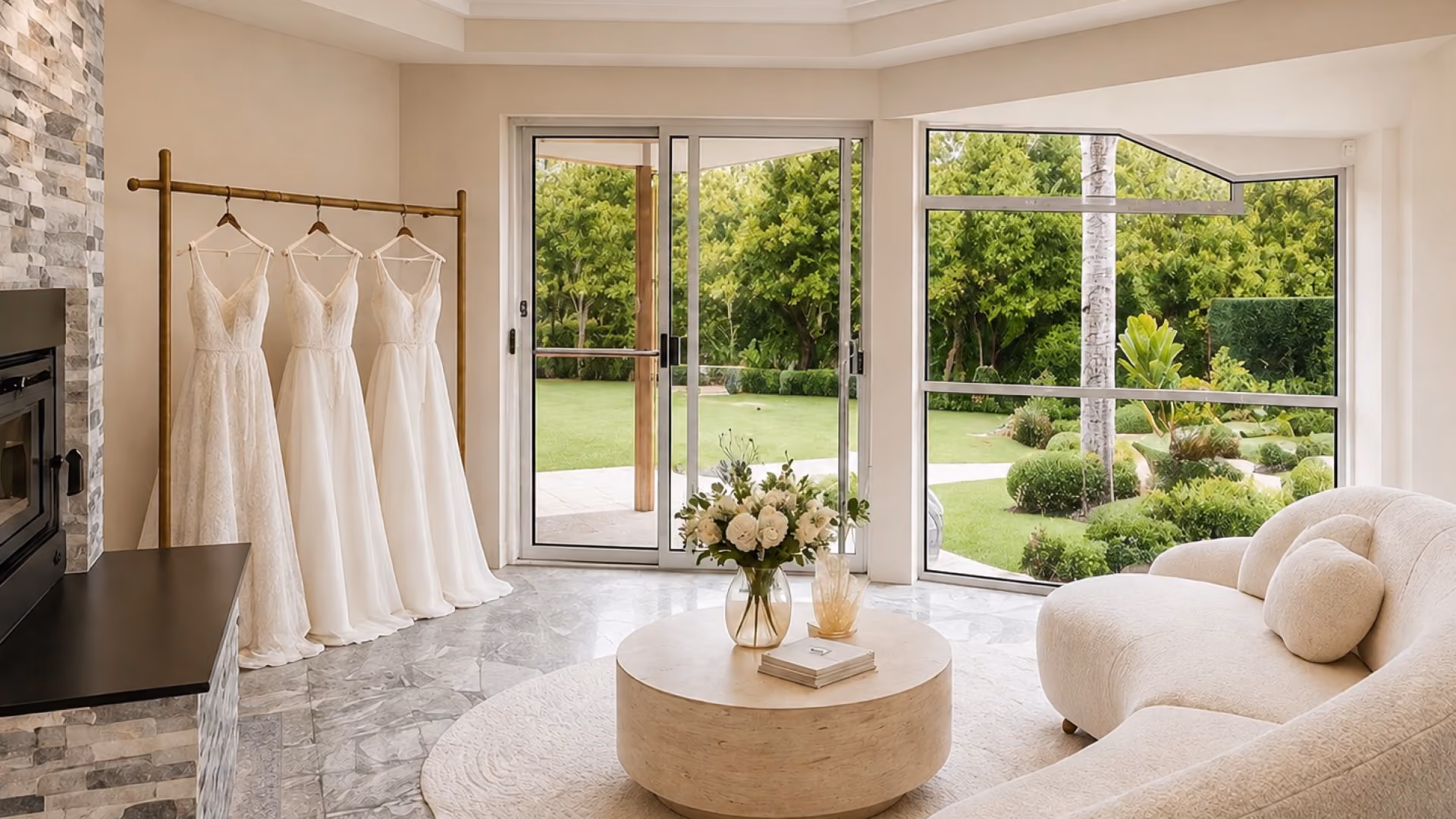 Modern living room with a curved white sofa, round beige coffee table with vase of white flowers, and three white dresses hanging on a wooden rack near a stone fireplace, large windows and glass doors showing a green garden outside.