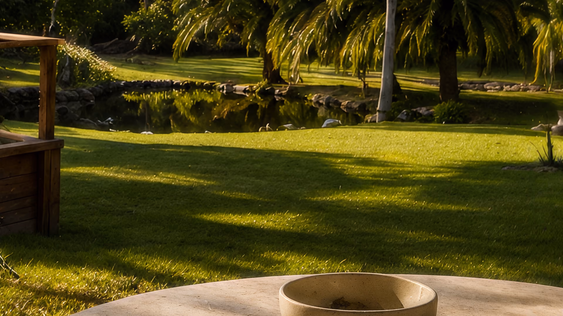 Outdoor garden scene in warm sunlight showing a round stone table with a shallow bowl in the foreground, a well-manicured grassy lawn, a small pond edged with rocks, and trees with drooping leaves in the background.