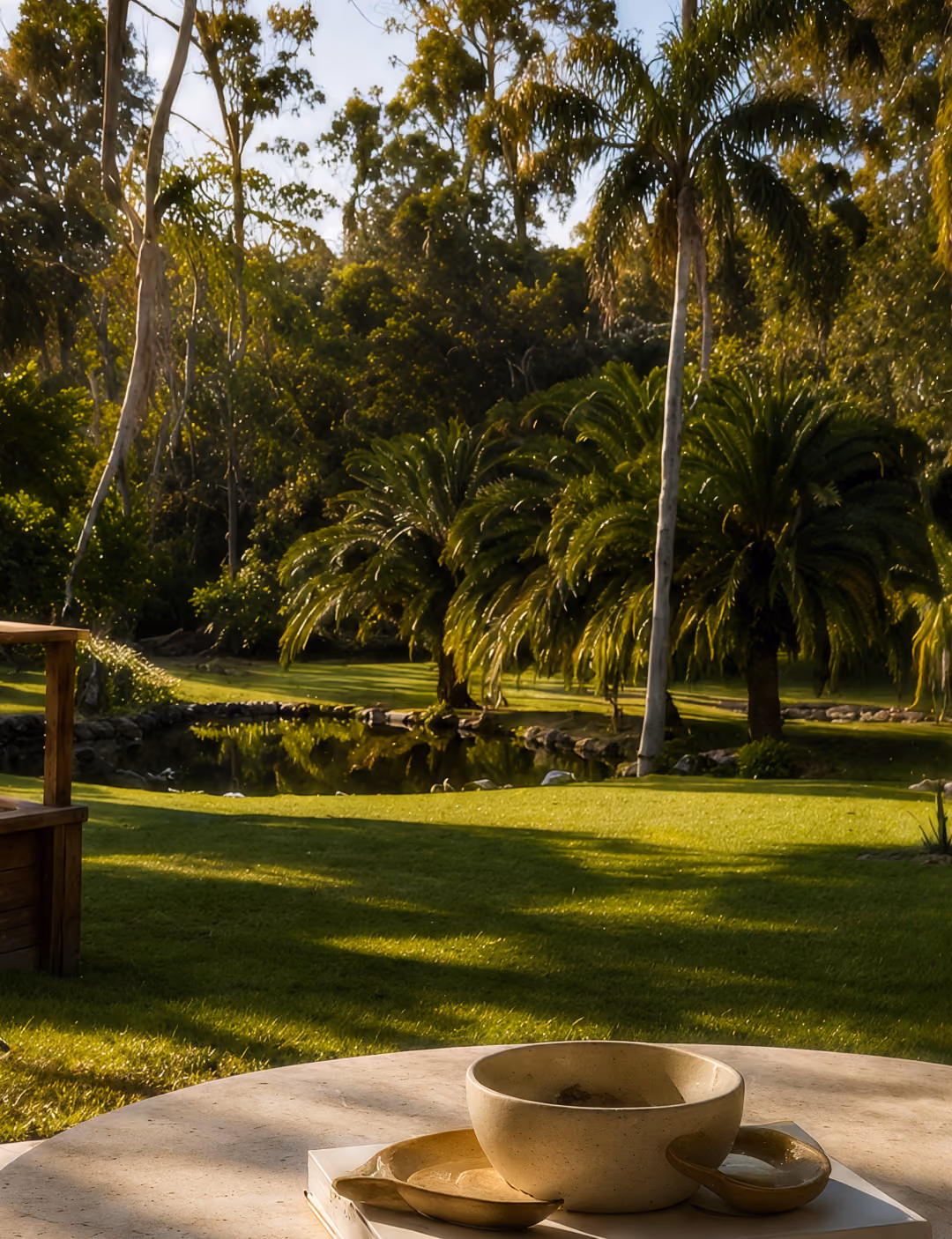 Outdoor garden scene in warm sunlight showing a round stone table with a shallow bowl in the foreground, a well-manicured grassy lawn, a small pond edged with rocks, and trees with drooping leaves in the background.