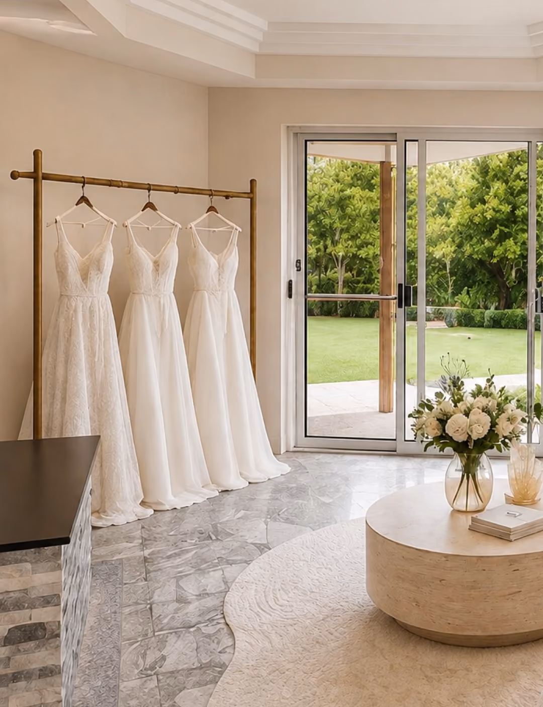 Modern living room with a curved white sofa, round beige coffee table with vase of white flowers, and three white dresses hanging on a wooden rack near a stone fireplace, large windows and glass doors showing a green garden outside.