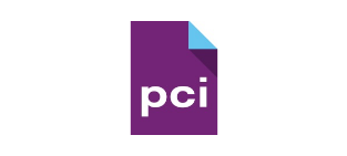 Logo met witte letters 'pci' op een paarse achtergrond met een opgevouwen hoek in de rechterbovenhoek in blauw en wit.