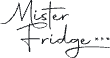Tekstlogo met het woord 'Mister Fridge...' in een handgeschreven stijl op een witte achtergrond.