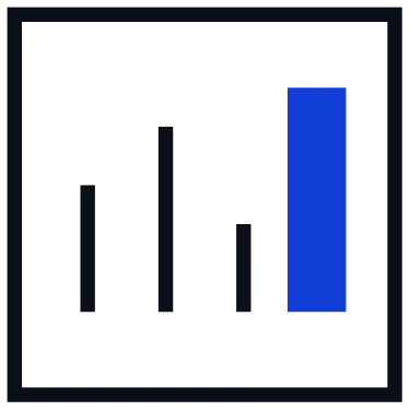 Bar chart with four vertical bars of increasing height from left to right; the tallest bar on the right is blue and the others are dark gray.