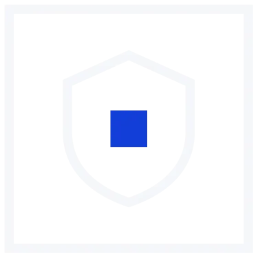 White outline of a shield with a solid blue square centered inside it on a black background.