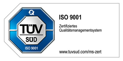 Achtseitiges TÜV SÜD ISO 9001 Zertifikatssiegel mit Text 'ISO 9001 Zertifiziertes Qualitätsmanagementsystem www.tuvsud.com/ms-zert'.