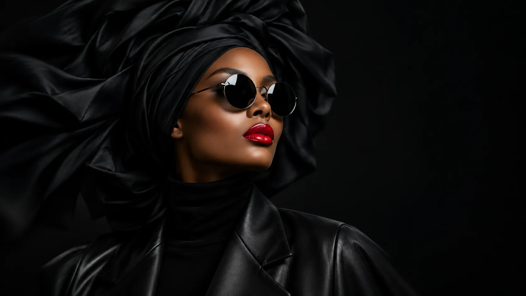 Stylish woman wearing large black sunglasses, bright red lipstick, a black leather jacket, and a voluminous black headwrap against a black background.