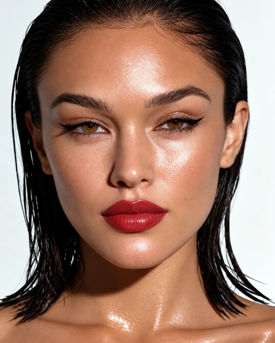 Close-up of a woman with wet dark hair, glossy red lipstick, and winged eyeliner, featuring smooth, radiant skin.