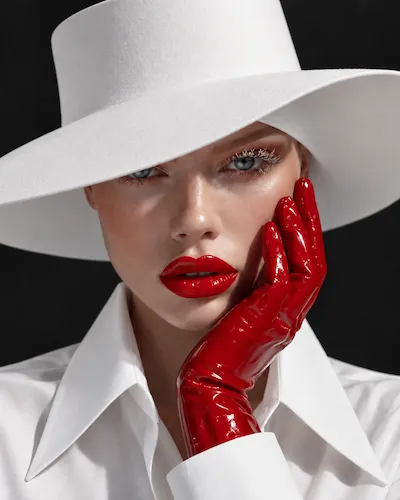 Close-up of a woman wearing a large white hat and white collared shirt, with glossy red lipstick and matching shiny red gloves touching her face.