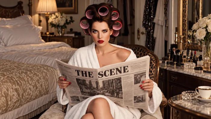 Woman wearing a white robe and pink hair rollers sitting on a plush chair in a vintage-style bedroom, reading a newspaper titled 'THE SCENE'.