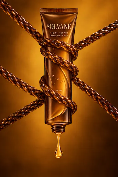 A golden tube of Solvane Night Repair Concentrate suspended vertically with a drop falling from its open tip, wrapped with thick twisted golden-brown ropes on a warm amber background.